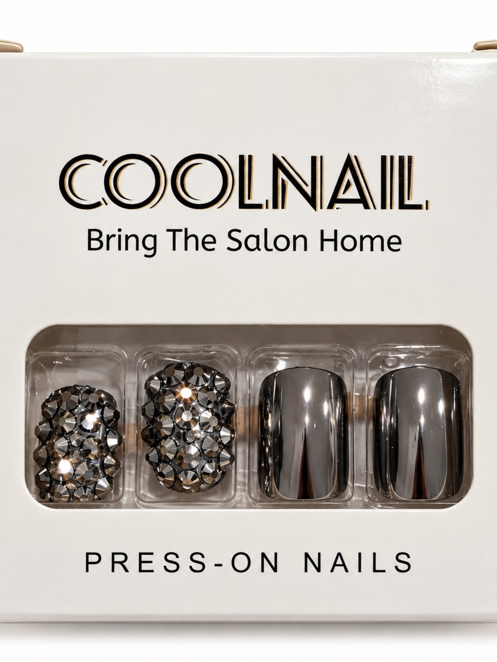 New Silver Chrome Rhinestone Press-On Nails Glam Metallic Set
